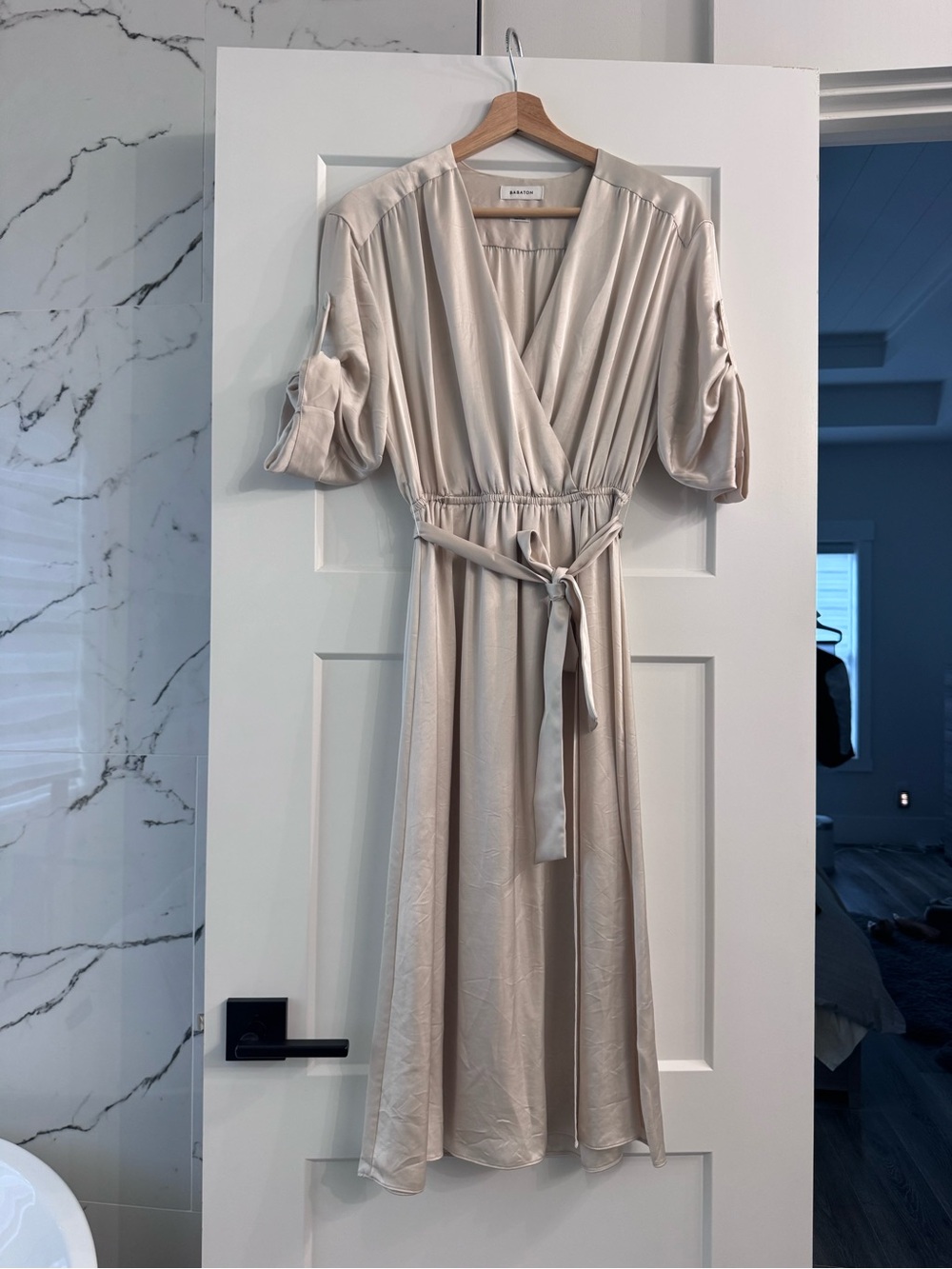Babaton Champagne Tie-Waist Pleated Midi Dress